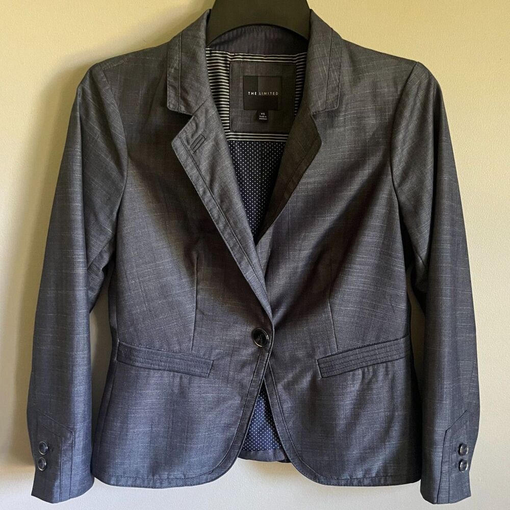 The Limited Women's Classic Blazer Jacket Blue Denim-Look XS Polk Dot Lined